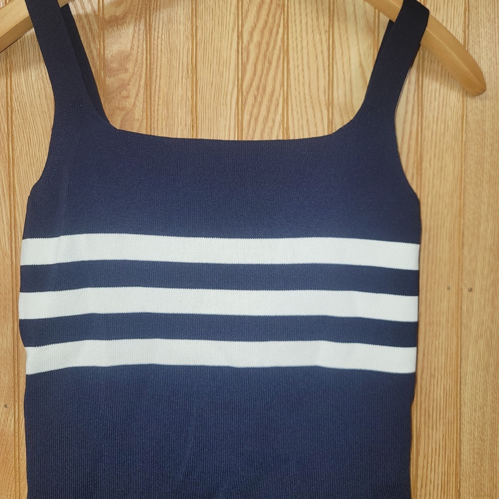 Cyrus Womens Navy Blue White Striped Square Neck Ribbed Knit Tank Top Small - Picture 2 of 7